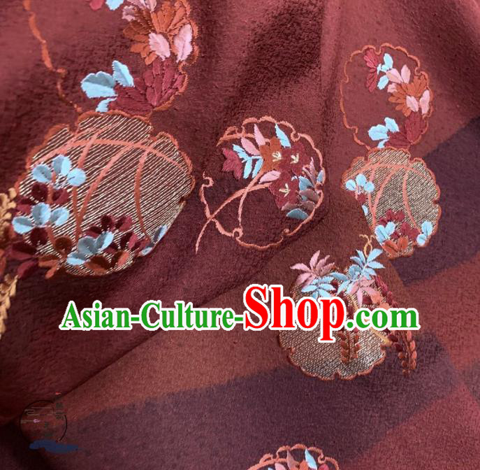 Asian Japan Traditional Silk Fabric Japanese Kimono Tapestry Drapery Embroidered Dark Red Brocade
