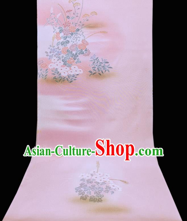 Asian Traditional Drapery Japan Kimono Printing Chrysanthemum Pink Brocade Japanese Silk Fabric