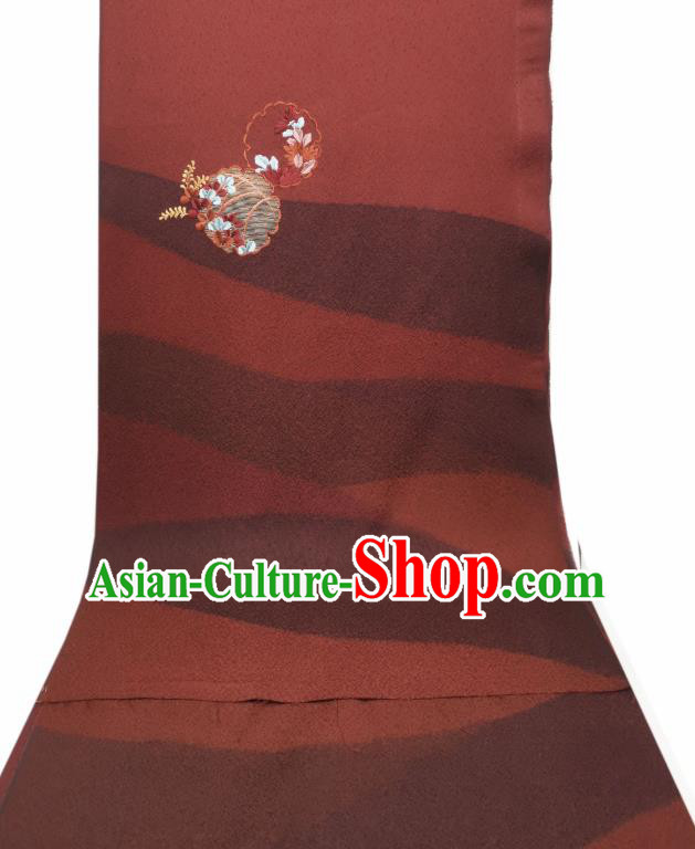 Asian Japanese Kimono Tapestry Drapery Embroidered Brownish Red Brocade Japan Traditional Silk Fabric
