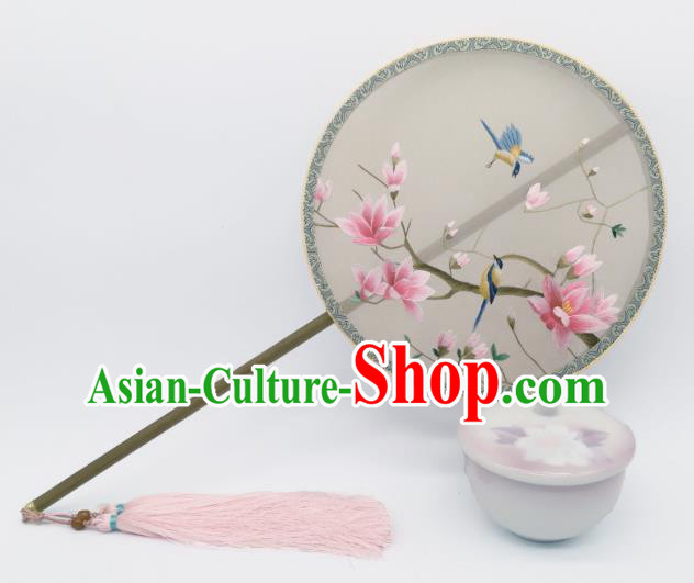 China Suzhou Embroidered Mangnolia Circular Fan Classical Silk Fan Traditional Hanfu Palace Fan