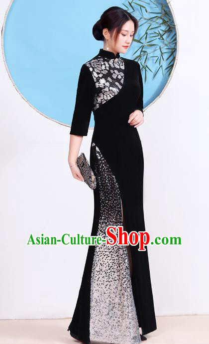 China Catwalks Black Velvet Qipao Dress Party Compere Clothing Stage Show Cheongsam