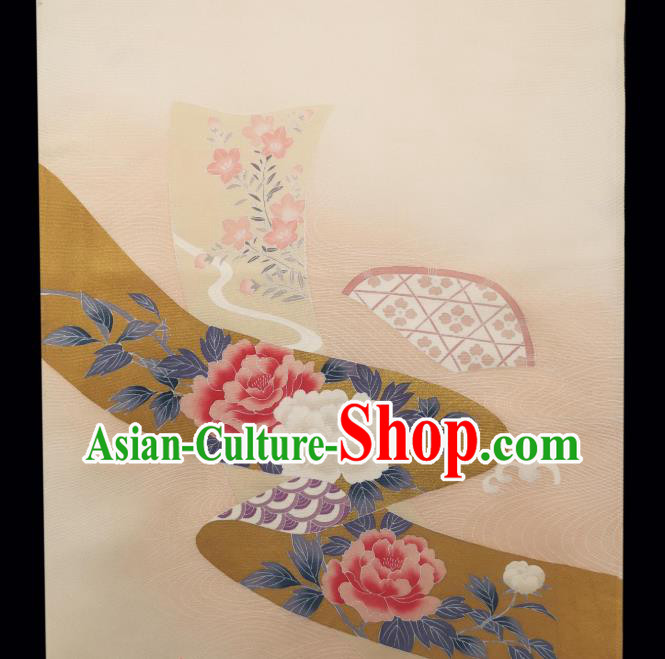 Asian Traditional Silk Fabric Japanese Kimono Cloth Drapery Japan Classical Peony Pattern Beige Brocade