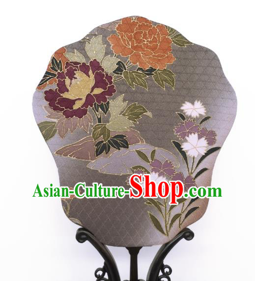 China Classical Cheongsam Dance Fans Hand Painting Peony Palace Fan Traditional Grey Silk Fan