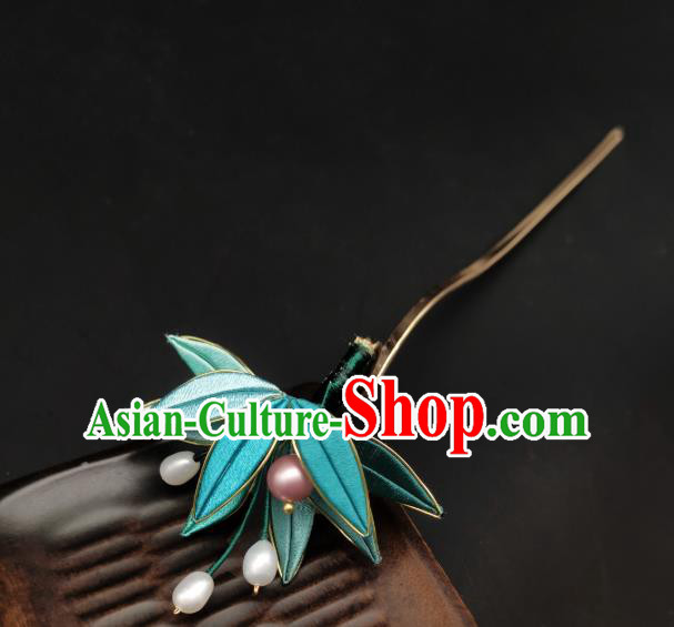 Chinese Traditional Hanfu Hairpin Handmade Ancient Princess Silk Bamboo Leaf Hair Stick