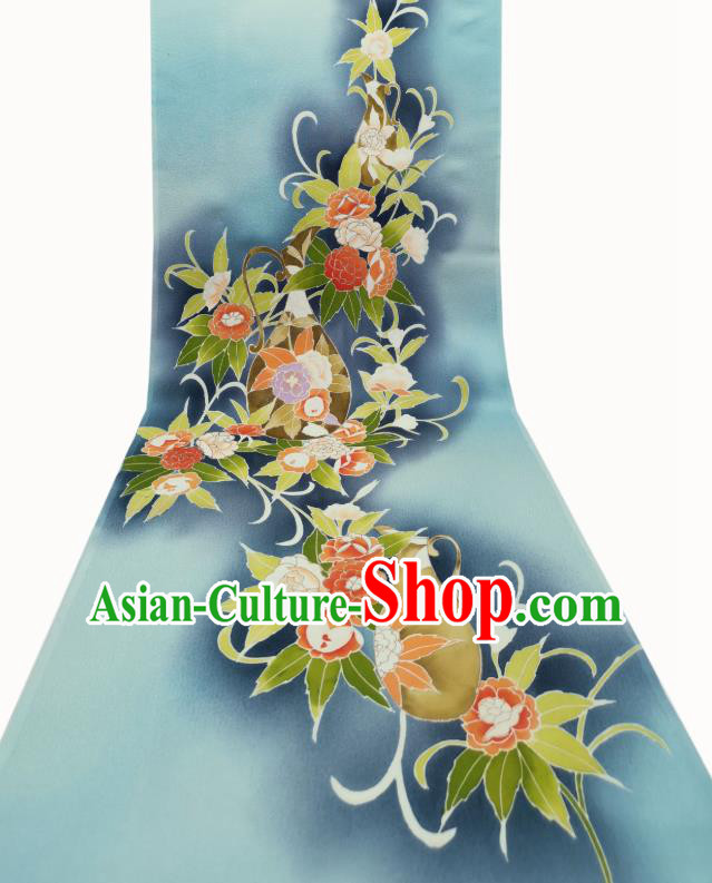 Asian Japan Traditional Kimono Hand Painting Camellia Brocade Material Japanese Yukata Blue Silk Fabric