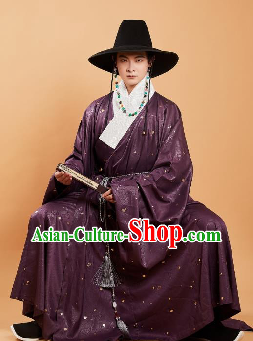 China Traditional Ming Dynasty Purple Priest Frock Ancient Swordsman Hanfu Clothing