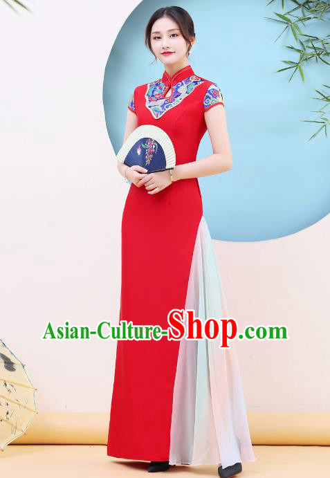China Classical Dance Clothing Stage Performance Red Cheongsam Catwalks Stand Collar Qipao Dress