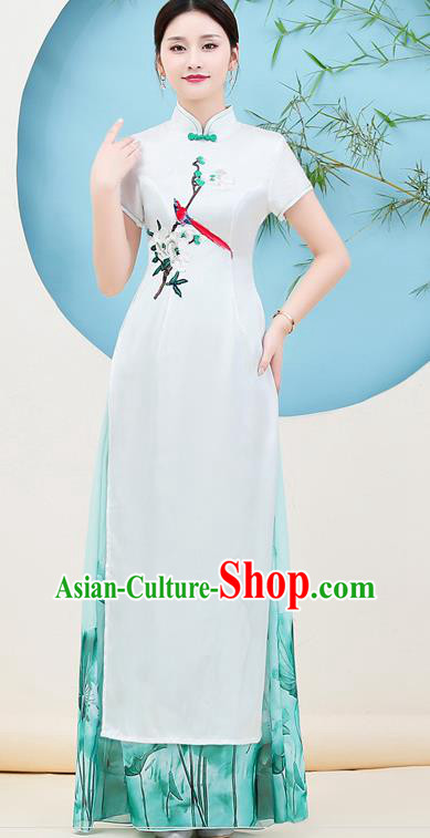 China Catwalks Printing Chiffon Qipao Dress Young Woman Clothing Stage Performance Embroidery Flower Bird Cheongsam