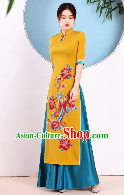 China Modern Dance Clothing Stage Performance Embroidery Phoenix Peony Yellow Cheongsam Catwalks Ao Dai Qipao Dress