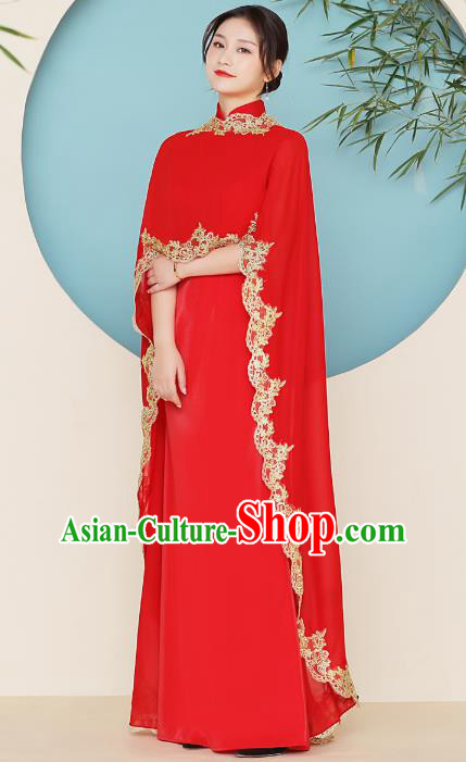 China Stage Performance Red Tippet Cheongsam Catwalks Qipao Dress Modern Dance Stand Collar Clothing