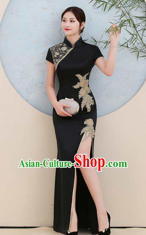 China Stage Show Black Satin White Cheongsam Woman Annual Meeting Dress Clothing Catwalks Fishtail Qipao