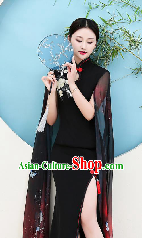 China Woman Water Sleeve Clothing Catwalks Embroidery Black Qipao Dress Stage Show Cheongsam