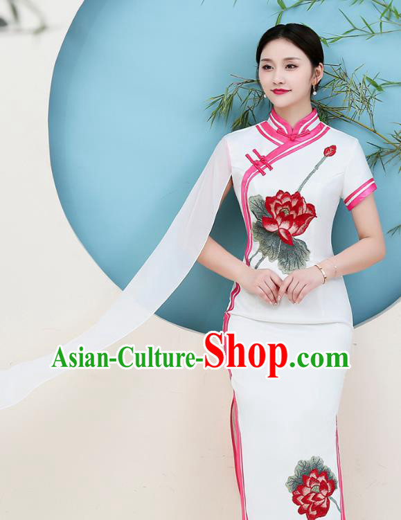 China Miss Etiquette Stage Show Clothing Woman Catwalks White Satin Qipao Dress Embroidery Lotus Cheongsam