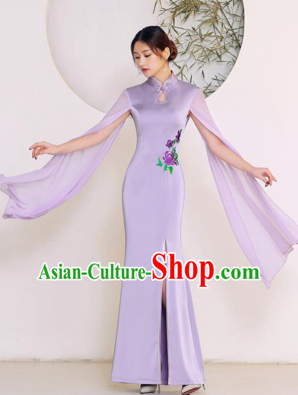China Woman Fishtail Dress Clothing Catwalks Lilac Chiffon Sleeve Qipao Stage Performance Embroidery Cheongsam