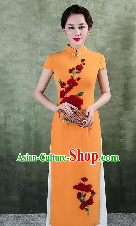 China Catwalks Show Aodai Cheongsam Stage Performance Clothing Classical Embroidery Orange Satin Qipao Dress