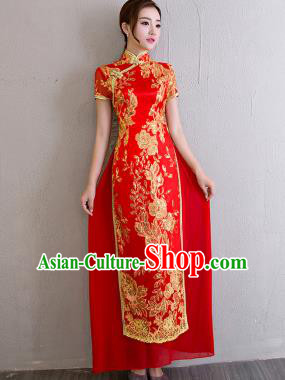China Catwalks Show Aodai Cheongsam Classical Dance Lace Sequins Red Qipao Dress Bride Clothing
