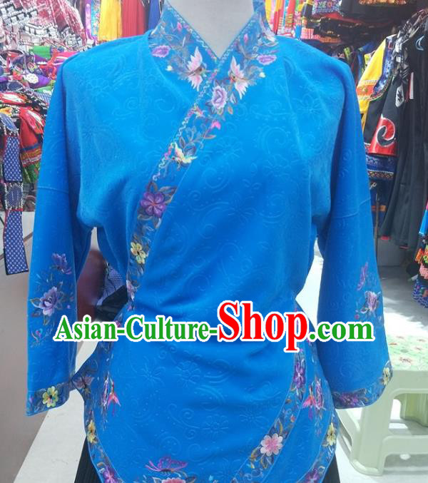 Chinese Traditional Hmong Ethnic Embroidery Blue Blouse Miao Nationality Folk Dance Shirt Clothing
