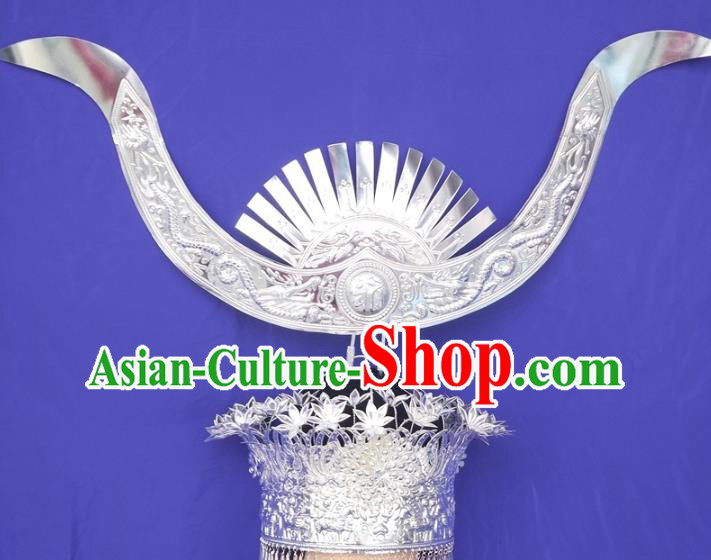 China Miao Nationality Bride Hat Traditional Wedding Headdress Guizhou Hmong Ethnic Silver Ox Horn Hair Crown