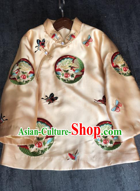 China Traditional Embroidered Phoenix Cotton Padded Jacket Woman Winter Outer Garment Tang Suit Champagne Silk Coat
