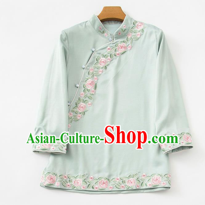 China Traditional Embroidered Roses Light Green Silk Shirt Tang Suit Upper Outer Garment Blouse