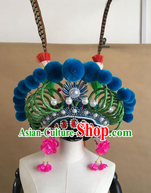 China Traditional Peking Opera Blues Hat Handmade Beijing Opera Female Swordsman Headwear