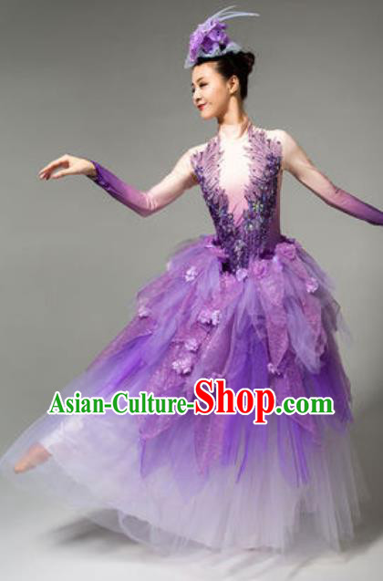 China Woman Dance Clothing Spring Festival Gala Flowers Fairy Dance Costume Opening Dance Purple Veil Dress