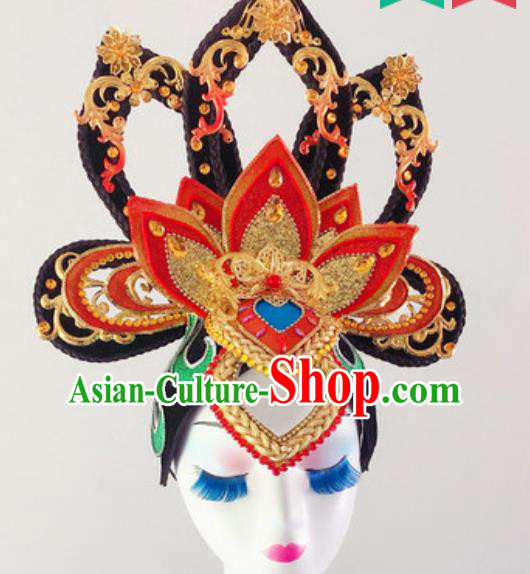 China Classical Dance Headwear Traditional Stage Performance Red Lotus Hair Accessories Handmade Goddess Wig Chignon