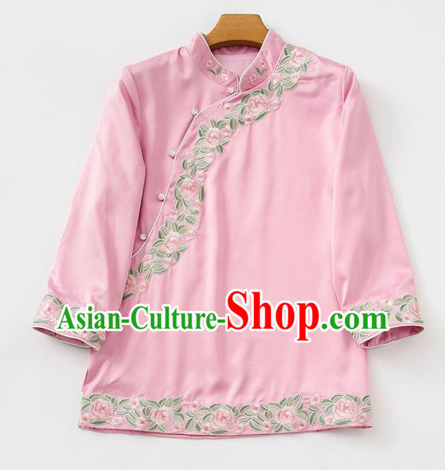 China Tang Suit Upper Outer Garment Blouse Traditional Embroidered Roses Pink Silk Shirt