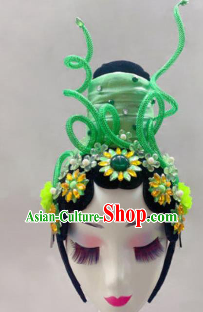 China Traditional Classical Dance Headdress Handmade Madam White Snake Xiaoqing Stage Performance Wigs Chignon