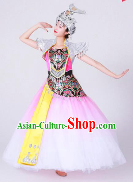 Chinese Miao Nationality Minority Folk Dance Costumes Ethnic Woman Stage Performance Pink Dress Outfits