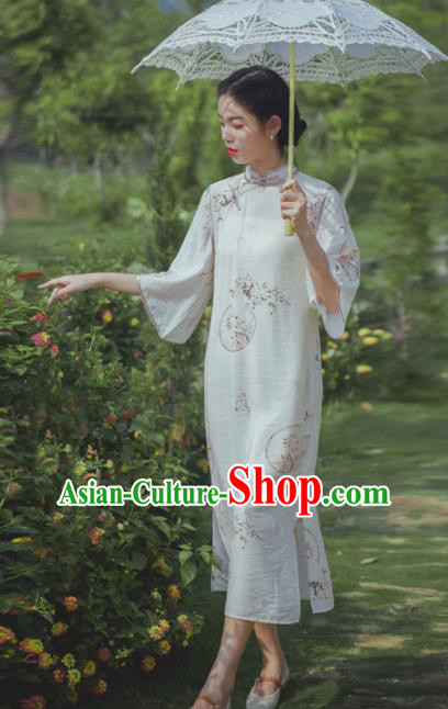 Chinese Traditional Wide Sleeve Cheongsam Clothing National Printing Beige Flax Qipao Dress
