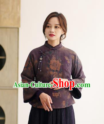 China Winter Women Clothing Tang Suit Short Coat  National Classical Peony Pattern Dark Purple Jacket