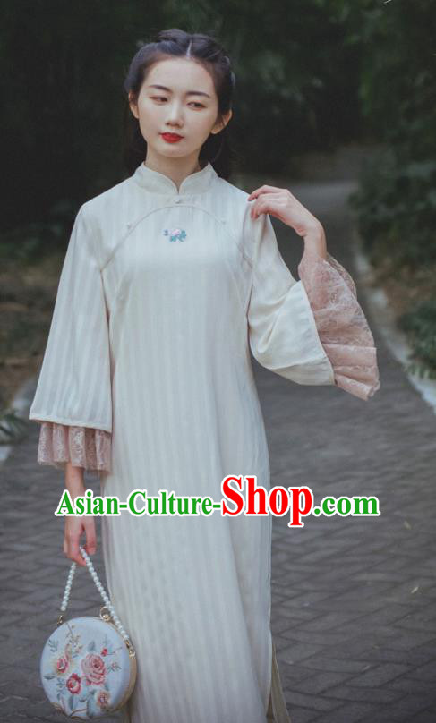 Chinese Traditional Shanghai Young Beauty Cheongsam Clothing National Lace Sleeve Qipao Dress