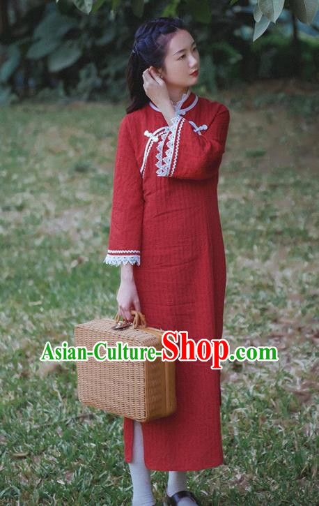 Chinese Traditional Lace Sleeve Red Cheongsam Clothing National Shanghai Young Girl Qipao Dress