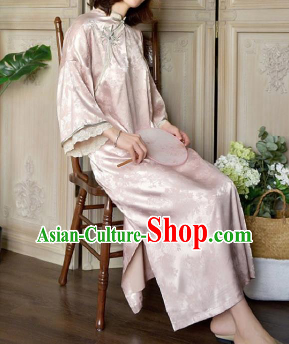 Chinese National Shanghai Beauty Qipao Dress Traditional Clothing Wide Sleeve Pink Cheongsam