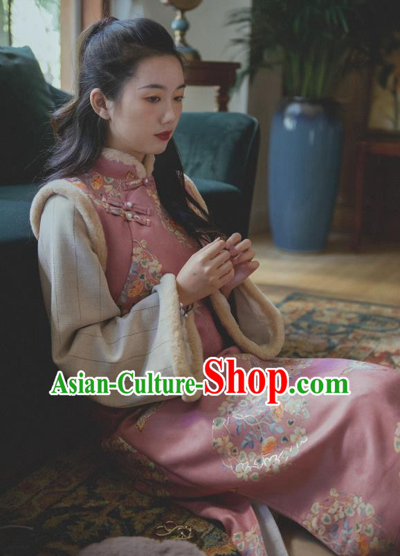 Chinese Traditional Winter Pink Woolen Cheongsam Clothing National Shanghai Lady Sleeveless Qipao Dress