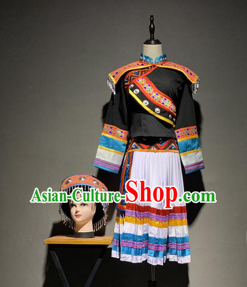 Chinese Hani Nationality Minority Folk Dance Costumes Yunnan Ethnic Woman Outfits and Tassel Hat