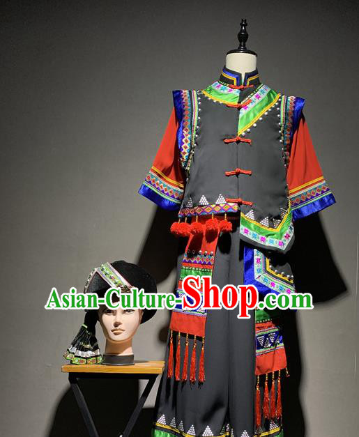 Chinese Yi Nationality Dance Costumes Ethnic Minority Stage Performance Clothing and Hat for Men