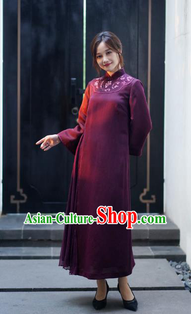 Republic of China Classical Embroidered Qipao Dress National Female Wine Red Silk Cheongsam
