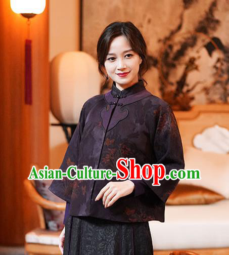 China Classical Orchids Pattern Purple Silk Jacket Tang Suit Overcoat National Women Clothing