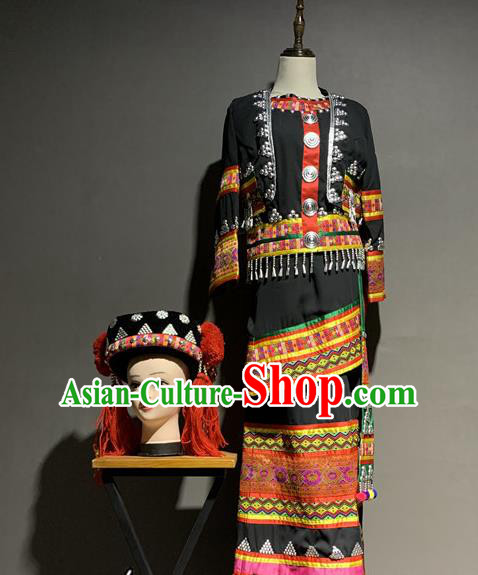 Chinese Tujia Nationality Minority Costumes Ethnic Woman Folk Dance Black Outfits Clothing and Hat