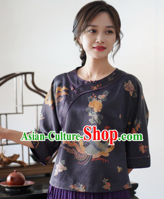 China National Women Clothing Classical Phoenix Peony Pattern Purple Silk Blouse Tang Suit Top Shirt
