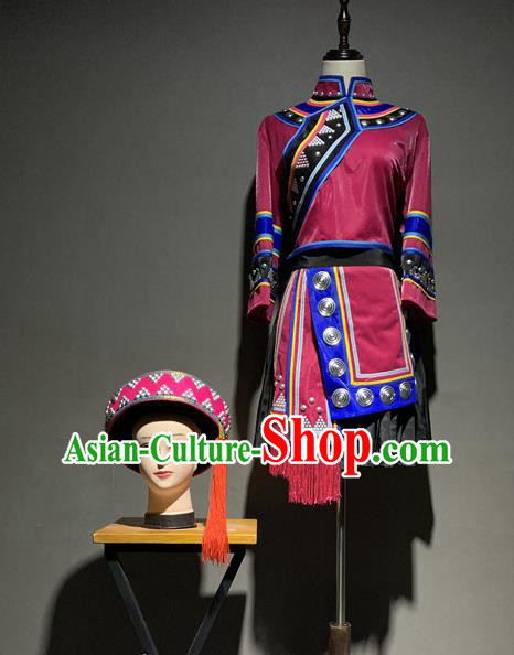 Chinese Tujia Nationality Minority Costumes Xiangxi Ethnic Folk Dance Wine Red Outfits and Headwear