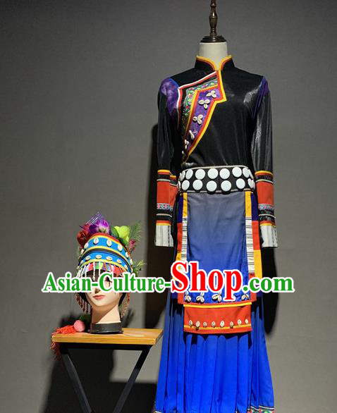 Chinese Lisu Nationality Minority Costumes Yun Ethnic Stage Performance Outfits and Headdress