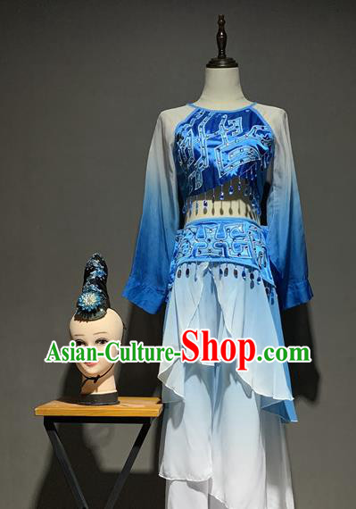 China Traditional Stage Performance Costumes Classical Dance Blue Outfits and Hair Accessories