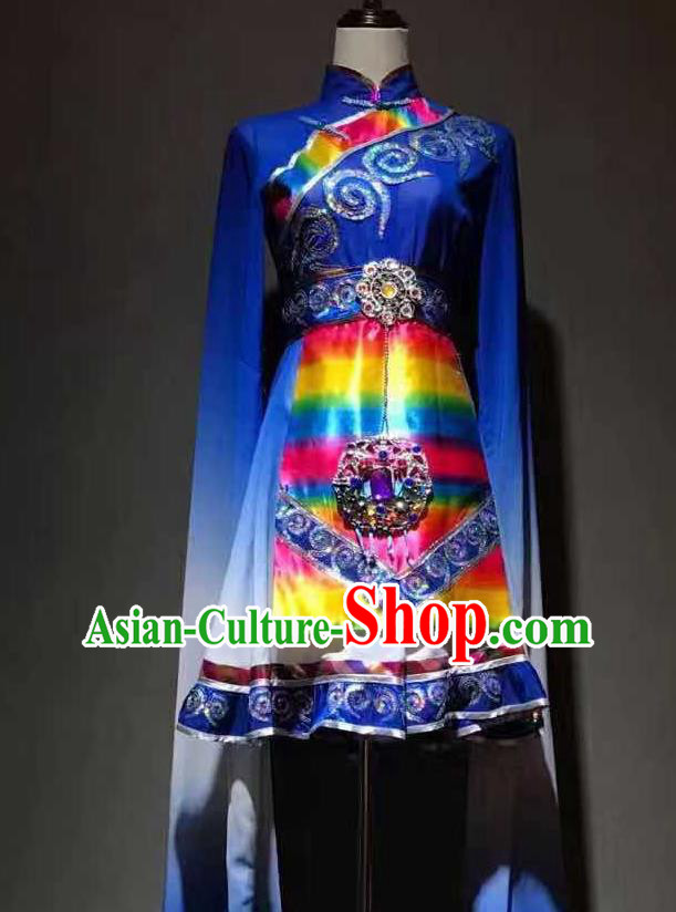 Chinese Zang Nationality Folk Dance Costumes Tibetan Ethnic Minority Stage Performance Royalblue Dress Outfits