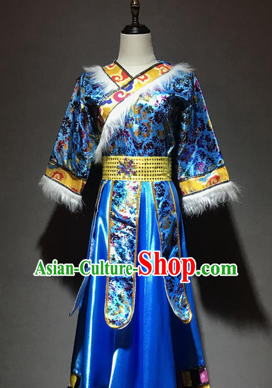 Chinese Zang Nationality Woman Costumes Tibetan Ethnic Minority Stage Performance Blue Dress