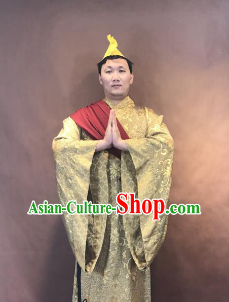 Chinese Traditional Stage Performance Costumes Ancient Monk Golden Robe