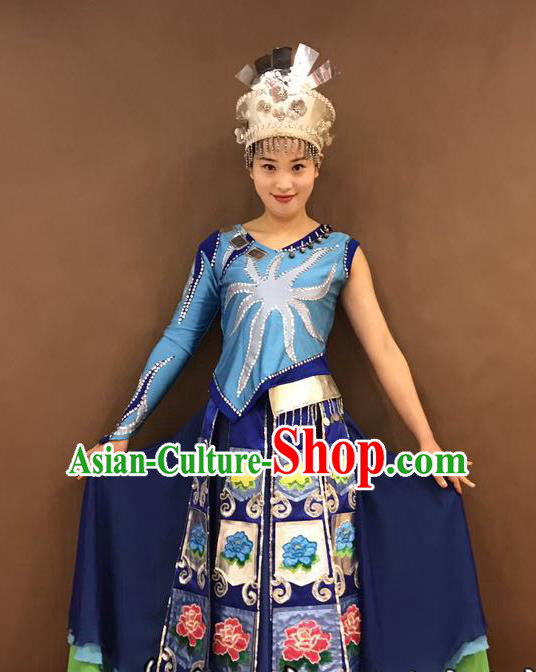 Chinese Yi Nationality Wedding Bride Costumes Ethnic Minority Young Lady Blue Outfits and Headwear