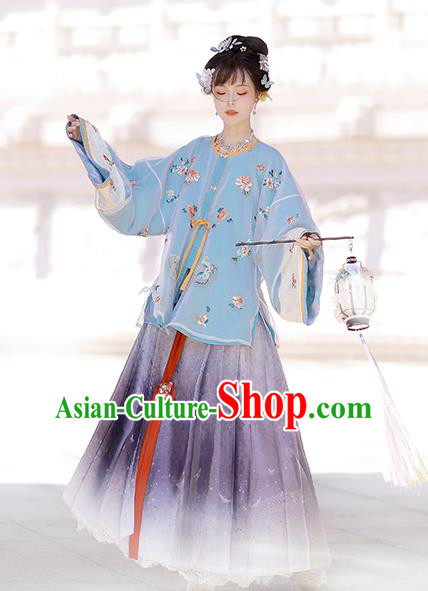 China Ancient Country Woman Embroidered Costumes Traditional Ming Dynasty Village Lady Hanfu Clothing
